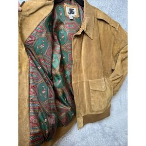 Vtg JLC Suede Bomber Jacket Mens XL Equestrian Lining Polo Print Y2K Western Vib